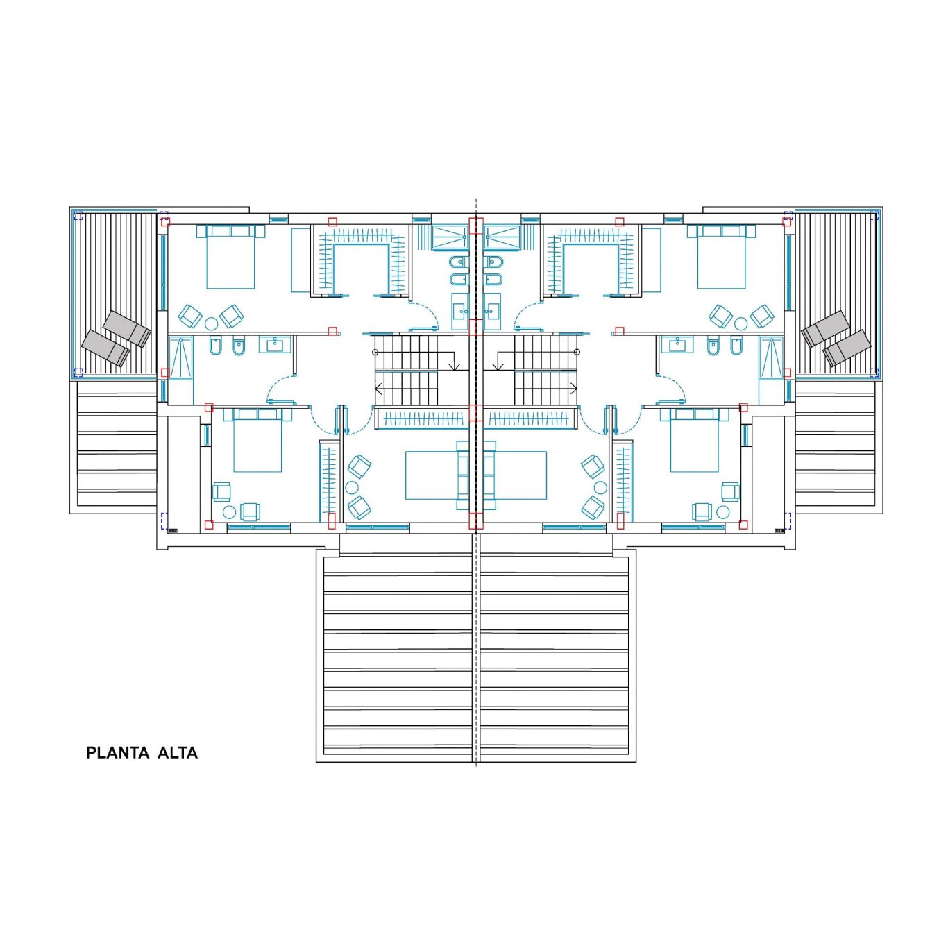 Plano arquitectónico de la planta alta de dos chalets pareados