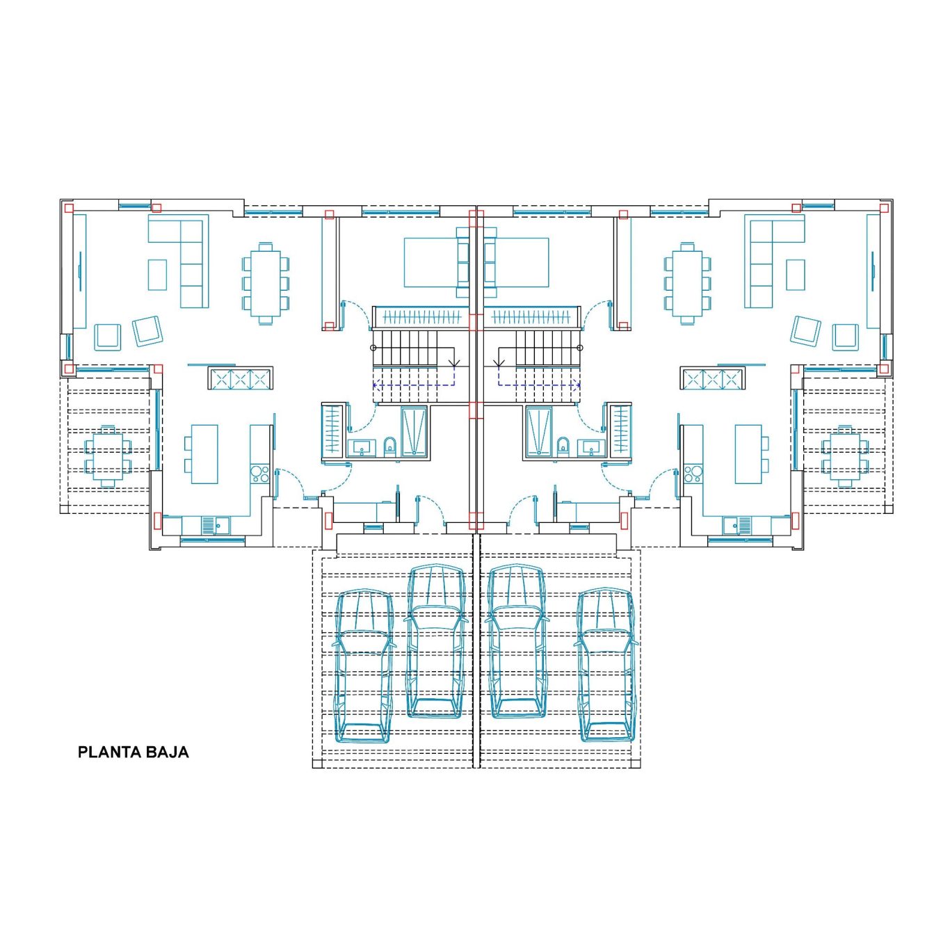 Plano arquitectónico de la planta baja de dos chalets pareados