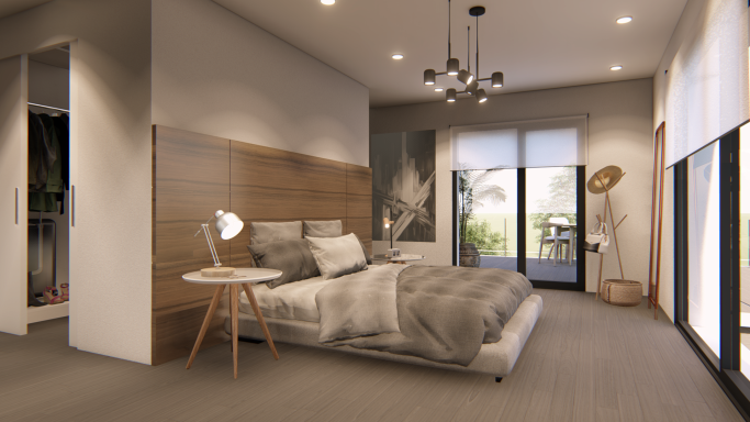 Imagen orientativa del dormitorio principal con grandes superficies acristaladas